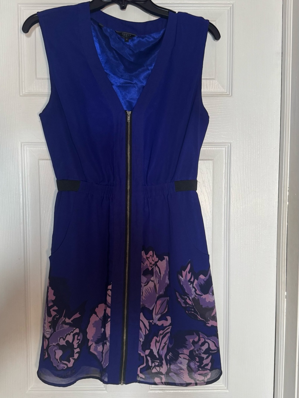 Guess Sleeveless Blue Floral Zip-Front Dress